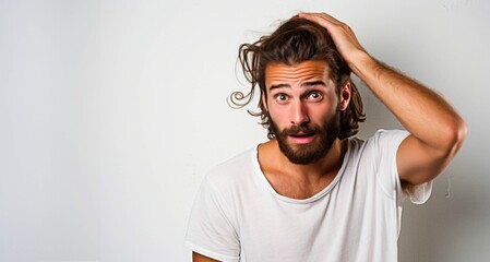 frustrated young man with long hair and beard on white background