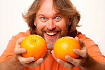 Fototapeta na wymiar Funny man with oranges in his hands on a white background.