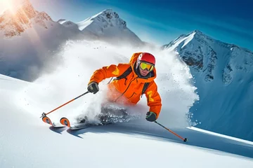 Fotobehang Skier skiing downhill in high mountains. Caucasus Mountains, Georgia, region Gudauri. © YannTouvay