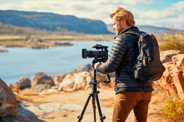 Photographer with professional camera on tripod taking pictures of beautiful landscape.