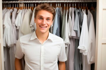 Naklejka na ściany i meble Handsome young man standing in wardrobe and smiling at camera.