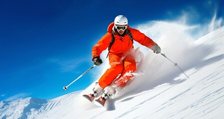 Fototapeta na wymiar Skier skiing downhill in high mountains. Sport and active life concept.
