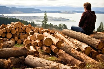 Man sitting on the edge of a pile of cut tree trunks - obrazy, fototapety, plakaty