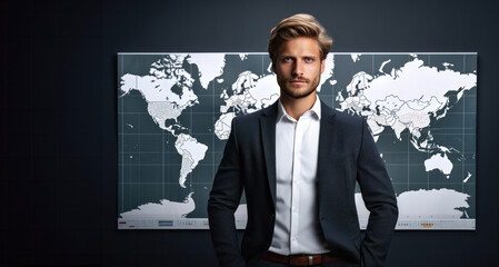 Handsome young businessman standing in front of world map and looking at camera