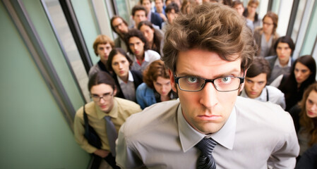 Obraz premium Portrait of a young businessman in front of a group of people