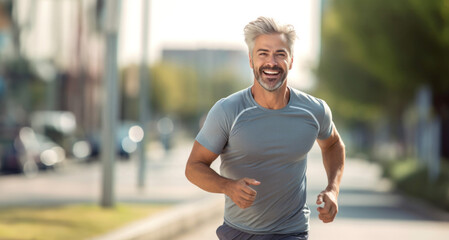 Portrait of happy mature man jogging in city. Sport and active lifestyle concept.