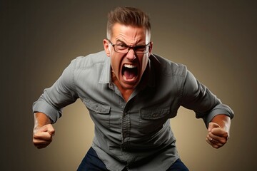 Portrait of a furious young man screaming on a dark background. - obrazy, fototapety, plakaty