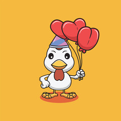 Cute chicken with love balloon cartoon illustration