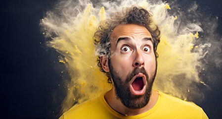 Surprised man with yellow smoke on his face on black background - Powered by Adobe