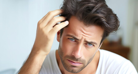 Close-up portrait of a young man scratching his head at home