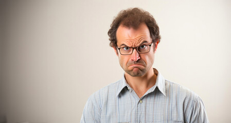 Fototapeta premium Middle age man with curly hair and glasses looking confused on gray background