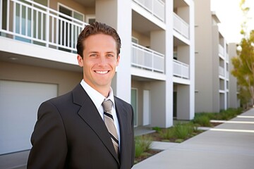 Portrait of a smiling businessman standing in front of his new house