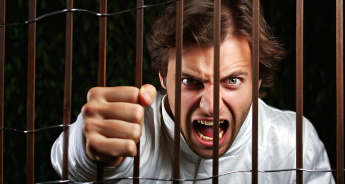 Angry man behind the bars. Aggressive young man in a white shirt.