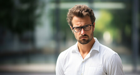 Handsome man with glasses in front of a modern office building