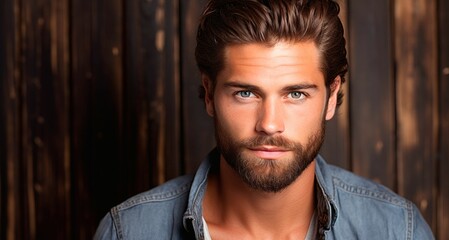 Fototapeta premium Portrait of a handsome young man in a denim shirt. Men's beauty, fashion.