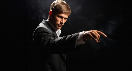 Young handsome man in a suit smoking a cigarette on a dark background