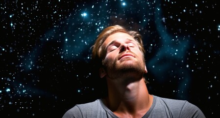 Portrait of a handsome young man with eyes closed against stars background