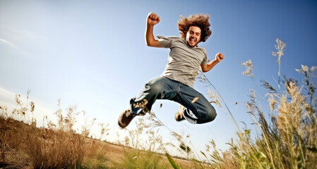 Happy young man jumping in the meadow. Freedom and happiness concept.