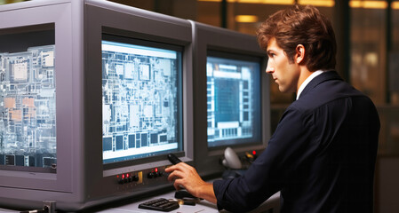 Young man working on a computer at night in a control room.