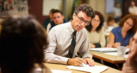 Businessman writing on paper during a meeting with his colleagues in the background