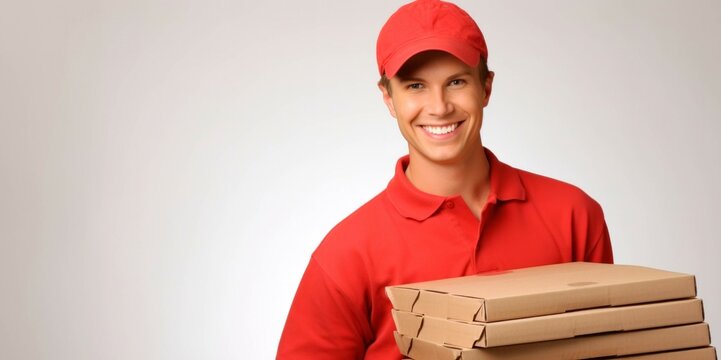 delivery man in red uniform holding a stack of pizza boxes on grey background - Powered by Adobe