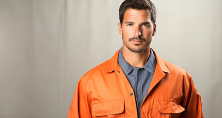 Handsome man wearing coveralls with serious expression on grey background