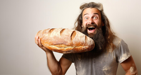 funny long-haired bearded man with a loaf of bread on a gray background - obrazy, fototapety, plakaty