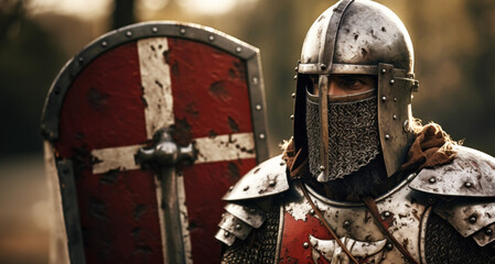 Knight in armor and helmet on the background of the red shield.