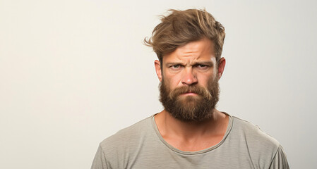 Obraz premium Portrait of handsome bearded man in grey t-shirt on white background