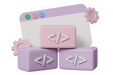 3D Coding language development with gear and web UX-Ui interface icon. software developer concept. isolated on pink pastel background. 3D minimal cartoon design style icon. 3d rendering illustration.