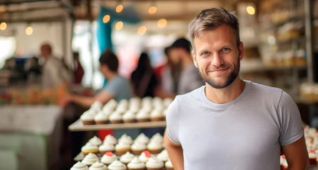 Gordijnen Portrait of a handsome man standing in front of a counter in a bakery © YannTouvay