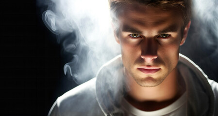 Portrait of a handsome young man smoking electronic cigarette. Smoke background. - obrazy, fototapety, plakaty