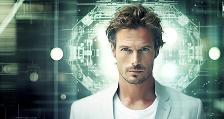 Portrait of handsome man in white suit looking at camera against futuristic background