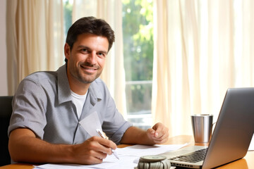 Handsome young man working at home with laptop computer and documents