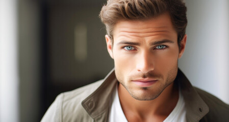 Obraz premium Portrait of a handsome young man with blue eyes looking at camera
