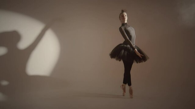 Studio shot of young beautiful ballerina in black tutu dancing on pointe and performing arm moves against cyc wall