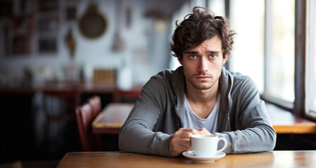 Portrait of young man with cup of coffee sitting in cafe.