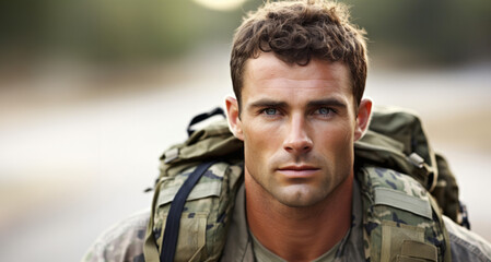 Fototapeta premium Portrait of a handsome soldier standing in the middle of a road