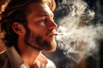 Portrait of a handsome man smoking a cigarette. Men's beauty, fashion. - obrazy, fototapety, plakaty
