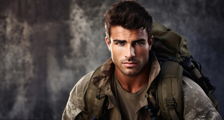 Portrait of a handsome soldier with backpack against grey grunge background