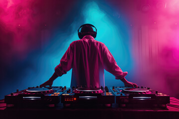A DJ is immersed in mixing music on a professional deck, surrounded by an aura of vibrant pink and...