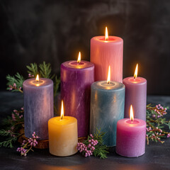 A warm and serene ambiance created by seven lit candles of various colors, surrounded by pine branches and berries, against a dark backdrop.