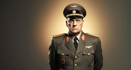 Portrait of a mature man dressed as a Soviet soldier on gray background