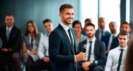 Obraz premium Businessman with microphone in conference hall. Business people and interview concept.