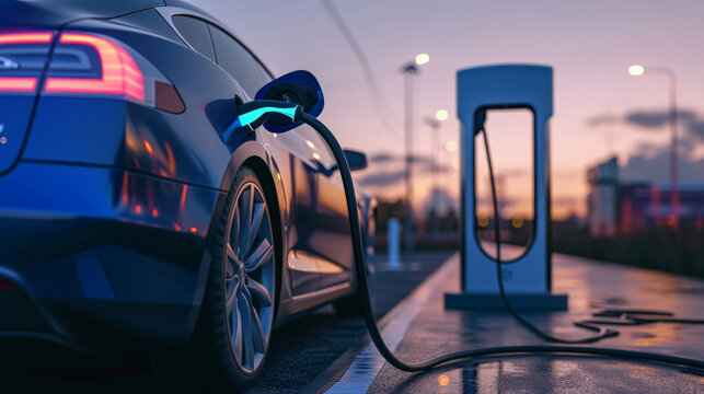 EV car plugged in charger and EV Charger station. Electric car charger station near the highway. Electric car. Zero emission car charging. Carbon free