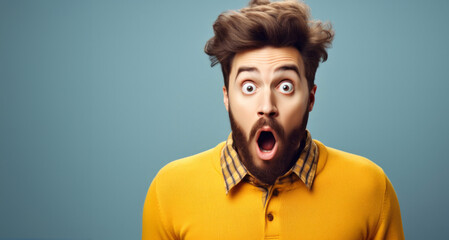 Portrait of a shocked young man in yellow shirt on blue background