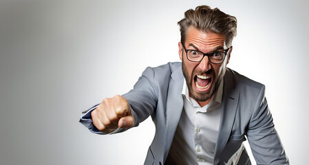 Angry businessman shouting and pointing at camera. Portrait of angry man in business suit and eyeglasses on grey background. Human face expressions and emotions concept