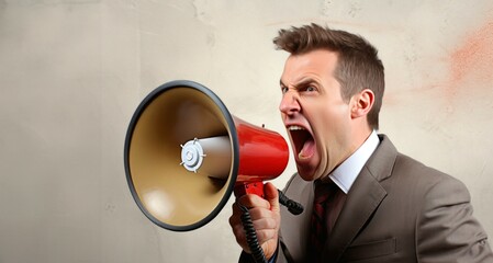 Angry young businessman shouting through a megaphone on wall background