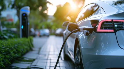 EV car plugged in charger and EV Charger station. Electric car charger station near the highway. Electric car. Zero emission car charging. Carbon free