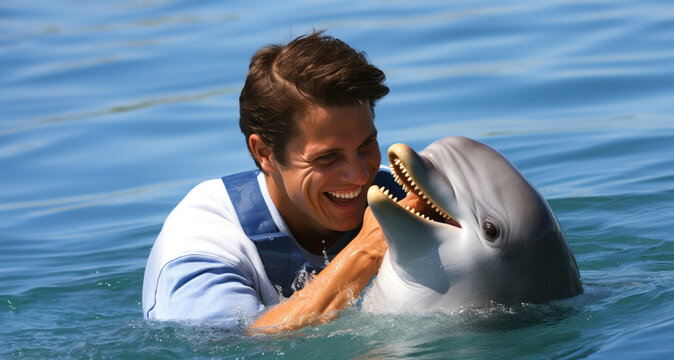 smiling man and a dolphin in the water on a sunny day